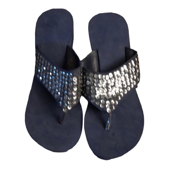 Navy Sequin size 10 thong platform flip flops like new - Picture 1 of 9